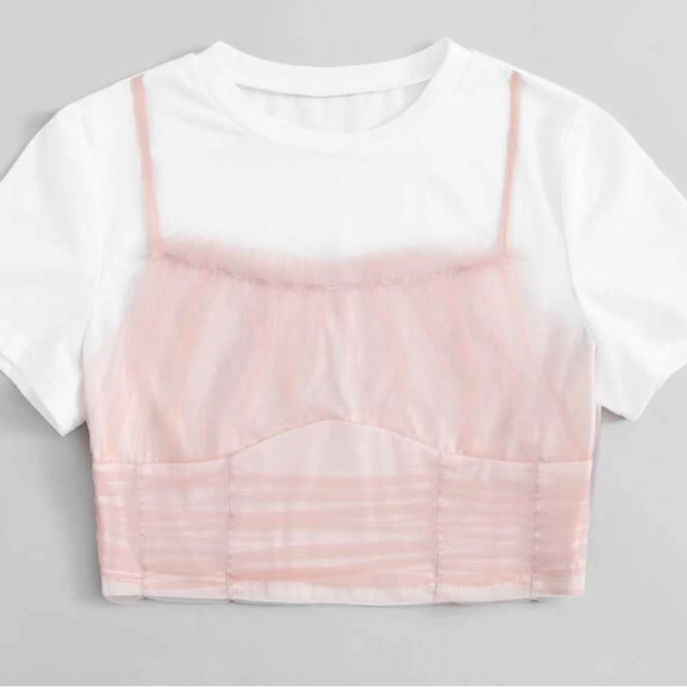 Shein Frill Trim Ruched Mesh Overlay Crop Tee